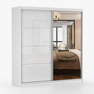 imoebel24 Schwebetürenschrank, Weiß, Glas, Holzwerkstoff, 6 Fächer, Rechteckig, 203x218x61 cm, Schlafzimmer, Kleiderschränke, Schwebetürenschränke