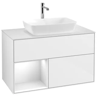 Villeroy und Boch Finion Waschtischunterschrank F771GFGF 100cm, Abdeckplatte white matt, Regale Glossy white lacquer, Glossy white lacquer