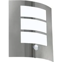 EGLO Wandleuchte City Wandlampe, Außenlampe, Edelstahl und Kunststoff, E27, IP44, Lampe, Bewegungsmelder, ohne Leuchtmittel, Wand-/Deckenleuchte - L23,5 x H26 x AL9 cm - edelstahl - 1X60W exkl.