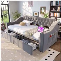 Merax Daybett 90x190cm mit USB-Ladeanschluss und Metallrahmen (Sofabett Jugendbett Einzelbett Tagesbett aus Samt, 1 tlg), Polsterbett Schlafsofa mit Seitentaschen Schubladen Ablagen & Stauraum