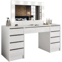Lookway Schminktisch MADA DOUBLE mit 9 Schubladen und Spiegel mit LED (Schreibtisch mit Spiegel und LED-Beleuchtung), Breite: 152 cm