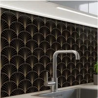KitchenYeah Küchenrückwand Muster selbstklebend (keine Folie) Gold - Fächer - Schwarz, (1-tlg), Spritzschutz, Küche, Rückwand, Küchenwand, Küchenfront, 30x20 cm