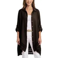 dy_mode Longbluse Damen Oversized Longbluse Musselin Tunika HemdbluseBlusenkleid in Unifarbe, dekorativem Häkel-Saum, Oversize-Passform