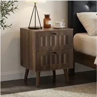MODFU Nachttisch für Schlafzimmer, Wohnzimmer (im mittelalterlichen Stil mit 2 Schubladen, Massivholzbeinen, Beistelltisch in Walnussfarbe, 1-St., 43,5 x 40 x 57,5cm)
