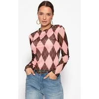 SASSYCLASSY Langarmshirt Mesh Langarmshirt mit Rautenmuster für Damen Anliegendes Shirt mit gefütterter Vorderseite und Rundhalsausschnitt