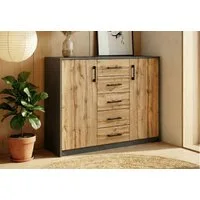 Home Collective Kommode mit 5 Schubladen und 2 Türen in matter Ausführung, Kommode 110cm breit (mit hochwertigen Polymergriffen, aus laminierter Platte gefertigt, Metallrollen mit Auszugsstopp), Holz Schrank Sideboard Highboard Kommode mit Schubladen