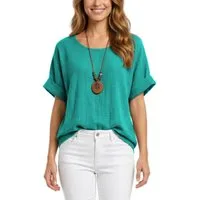 dy_mode Kurzarmbluse Damen Kurzarm Bluse Leichte Sommer Tunika Baumwollbluse Oberteil in Unifarbe, mit passende Kette