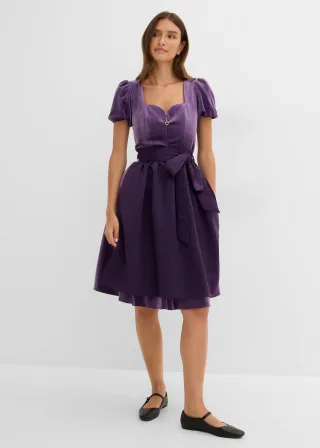 bonprix Dirndl und Schürze (2-tlg.Set), lila, Gr.50, Modern und feminin: Dirndl aus Samt mit herzförmigen Ausschnitt und Ballonärmel sowie einer Schürze aus glänzendem Satin