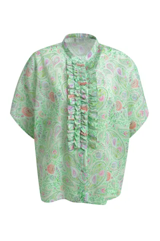 Milano Italy - oversized blouse w stand up collar + ruffled placket mint print - Gr. - One Size