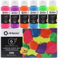 Artecho Acrylfarbe Neon Set 6 x 59 ml – Leuchtende, unter Schwarzlicht fluoreszierende, für Papier, Ton, Holz- Perfekt für kreative Malerei,Party & Halloween