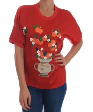 Dolce & Gabbana Damen Rote Seidenbluse mit Orangen-Muster und Kristallen