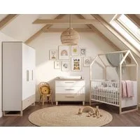 roba® Babyzimmer-Komplettset Noah - Kinderzimmer in modernem Design mit Füßen aus Massivholz, (3-teiliges Set, Babybett in Hausoptik, Wickelkommode & Kleiderschrank), Mit Fräsungen in Wallnuss - Front in sanftem Weiß - Mitwachsend
