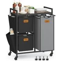 VASAGLE Wäschekorb, Wäschesammler, Wäschesortierer, Rollen, Wäschewagen mit Ablage, 150 L