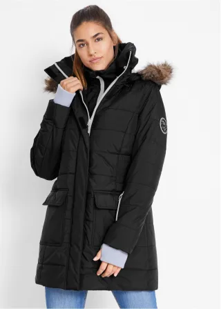bonprix wasserabweisende Funktions-Longjacke in 2-in-1-Optik gesteppt, schwarz, Gr.46, Warme Winterjacke mit abnehmbarer Kapuze sowie abnehmbarem Fellimitat, mit formgebenden Nähten