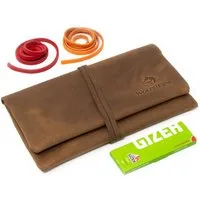 Wolfstrøm Tabakbeutel 'Bjørk' – Tabaktasche Leder – Dreher-Tasche mit Blättchen-/ Filterfach (Bjørk Set, Set inkl. Gizeh Paper, Set inkl. 2x farbige Bänder (rot/blau), inkl. Gizeh Papers