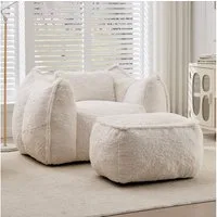 Vankel Sofa Sofas Wohnzimmer Loungesessel mit Hocker aus Kunstfell weich, Bean Bag Sessel mit Fußhocker, Schaumstofffüllung & Komfort
