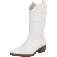 Ital-Design Damen Kniehohe Western-Stiefel mit Stickerei und Blockabsatz Westernstiefel (77888487) Blockabsatz Stiefel in Weiß