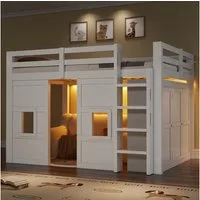 Merax Hochbett mit LED-Beleuchtung (1-St) Kiefernholz Kinderbett 140x200cm mit Kleiderschrank, 2 Fenstern,Leiter