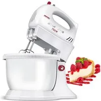 MPM Handmixer MPM MMR-16Z Handmixer mit rotierender Schüssel 750 W Weiß, 5 Geschwindigkeitsstufen, Turbofunktion, Standfuß