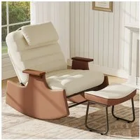 FUROKOY Schaukelstuhl Relaxsessel 3-stufia verstellbare Rückenlehne (Set, 1 St), Wohnzimmersessel mit Armlehnen und Hocker Cord,Beige,62x52x81cm