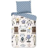 good morning Babybettwäsche Robo, Renforcé, 2 teilig, Baumwolle, Reißverschluss, Wendeoptik, Baby, Junge, Roboter, Weiß blau