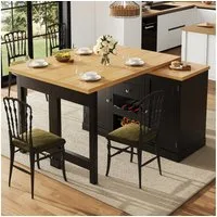 Flieks Kücheninsel Küchenschrank mit 360° drehbarer und klappbarer Arbeitstisch, (Holzoptik Tischplatte Tiefe 40-80cm, Längenverstellbar 120-197cm), ausziehbarer Esstisch & Mehrzweckschrank mit Weinregal Schwarz