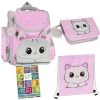 GOLDKIDS Schulranzen für Jungen und Mädchen, 4er-Set - (Schul-Rucksack für Kinder mit Federmäppchen -, 1-tlg., Schuhbeutel und Hausaufgabenheft), Katze Motiv - 1-3 Klasse