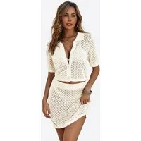 Imily Bela Hausanzug Damen Häkel 2-teiliger Set (Set, 2 tlg., Strickjacke + kurzer Rock) Reverskragen
