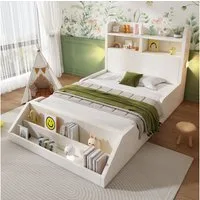 Flieks Kinderbett, Holzbett Einzelbett 90x200cm mit Nachtlicht, abnehmbarem Bücherregal