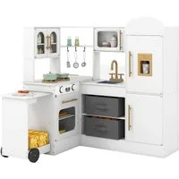 COSTWAY Spielküche Holz, Eckküche mit ausziehbarer Arbeitsplatte, Kühlschrank