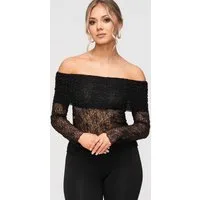 OMBRE Carmenbluse Damen Carmenbluse Spitze Elegant Schwarz S/M (kein Set, 1-tlg) Ajour-Muster, transparente Ärmel