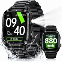 Toomoke Herren Militär Smartwatch mit Telefonfunktion, Smartwatch (4,98 cm/1,96 Zoll) Outdoor Fitnessuhr mit LED-Taschenlampe, 100 Tage Standby, 3ATM wasserdicht, Bluetooth Smartwatch mit Herzfrequenz, Schlaf- & SpO2-Monitor, Sportuhr für Android & i