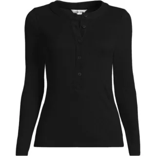 Langarm-Henleyshirt aus Ripp-Jersey, Damen,  Schwarz, Viskose-Mischung/Polyester-Mischung, by Lands' End