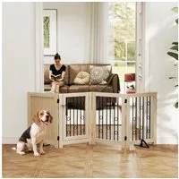 PawHut Hundegitter Hund, Haustiergitter mit Tür, für Küche, 4 Paneelen (Klappbar Absperrgitter, 1 St., Freistehendes Schutzgitter), für Flur, Treppe, Türrahmen, 205 x 30.5 x 70 cm, Eiche