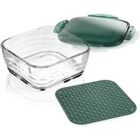 Genius Aufbewahrungsschüssel Genius Auffangbehälter Auflaufform Glasschüssel Set Nicer Dicer Chef, Material: Kunststoff, Glas, (Set besteht aus Glasschüssel, Deckel und Silikonmatte)
