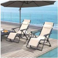 Outsunny Gartenliege mit Teetisch, 2 Stühle, Kopfkissen, aus Metall, 3-TLG. Sonnenliege, 1 St., wetterfest Relaxliege, für Garten, Terrasse, 90 x 56 x 110 cm, Beige