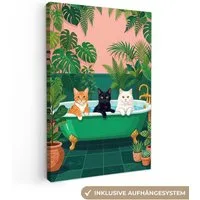 OneMillionCanvasses® Leinwandbild Badezimmer - Katzenparade - Farbenfroh, Fotodruck (1 St), Leinwand Canvas Wandbild, Wanddekoration 20x30 cm