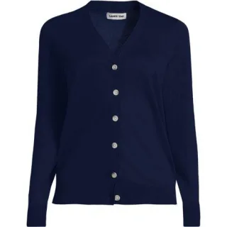 Feinstrick-Baumwollcardigan mit unterlegtem Ausschnitt, Damen,  Blau, Baumwolle, by Lands' End