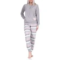 Normann Pyjama Damen Frottee Pyjama mit Bündchen und Herzmotiv und gestreifter Hose