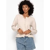 SASSYCLASSY Cardigan Elegante Strickjacke Damen mit Rüschendetails Femininer Cardigan mit Wollanteil Beige Hellgrün Schwarz Braun