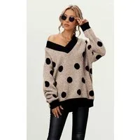 FS Collection Longpullover Damen Langarmpullover mit V-Ausschnitt und Punktemuster Longpullover (Einheitsgröße: UK 8–16 / EU 36–44, 4 Farben : Beige, Dunkelgrau, Braun und Dunkelgrün) 20 % Wolle, 80 % Acryl