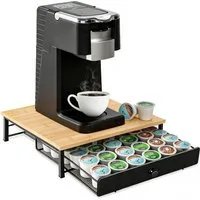 SURFOU Kapselspender Kaffeekapsel-Schublade aus Metall & Bambus – 36 Kapseln Kapazität, Kapselhalter als Schublade–Aufbewahrungsbehälter für die Kaffeestation
