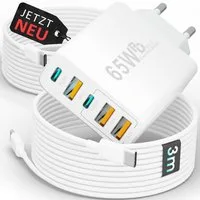 GreenHec USB Ladegerät + Kabel Charger Stecker Netzteil Adapter iPhone Schnelllade-Gerät (65 mA, Spar-Set, 65w Penta Charger + USB-C Kabel, Smasung Google Xiaomi 1m 2m 3m Mehrfach Adapter)