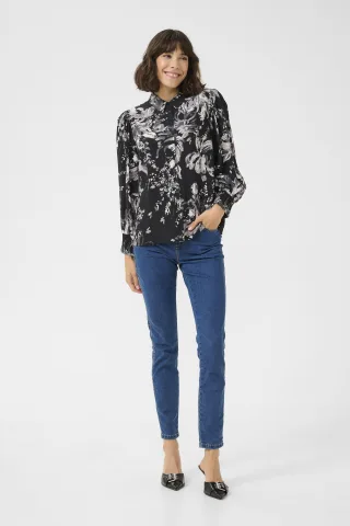 Langarm - Hemd Regular fit Black/White Painted Flower black white