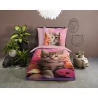 good morning Kinderbettwäsche Kadi, Renforcé, 2 teilig, Baumwolle, Renforcé, 135x200, Wendeoptik, Kind, Mädchen, Katze