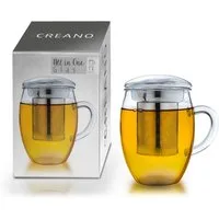 Creano Teeglas Teeglas “All in One” mit Edelstahlsieb und Glasdeckel, 400ml, 3-tlg., Borosilikatglas, 3-teilig
