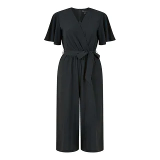 Mela London - Jumpsuit für Damen, V-Ausschnitt, Engelsärmel (Schwarz)