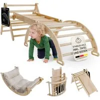 Juskys Klettergerüst Movario Klein, (4-St), Indoor Kletterdreieck, Kletterbogen mit Kissen, Rutsche, Tafel
