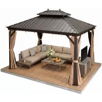 PURPLE LEAF Pavillon Hardtop Alu Gartenpavillon mit Seitenteilen und LED-Beleuchtung, (1 Pavillon + LED-Licht, Vorhängen und Moskitonetz), Wasserdicht, UV-beständig, Privatsphärenschutz