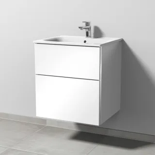 Sanipa 3way Waschtischunterbau zu Geberit Renova Plan Slim Waschtisch mit 2 Auszügen, Weiß-Glanz BS68578